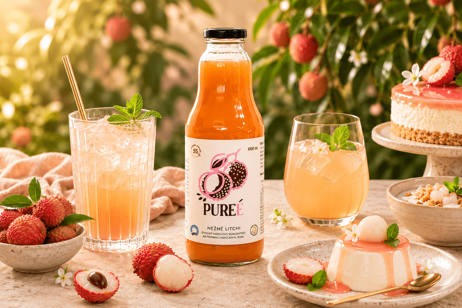 PUREÉ Nežné Litchi with lychee drinks, panna cotta and desserts